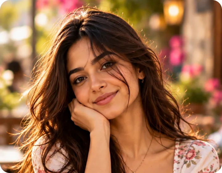 A smiling woman resting her chin on her hand at a cafe