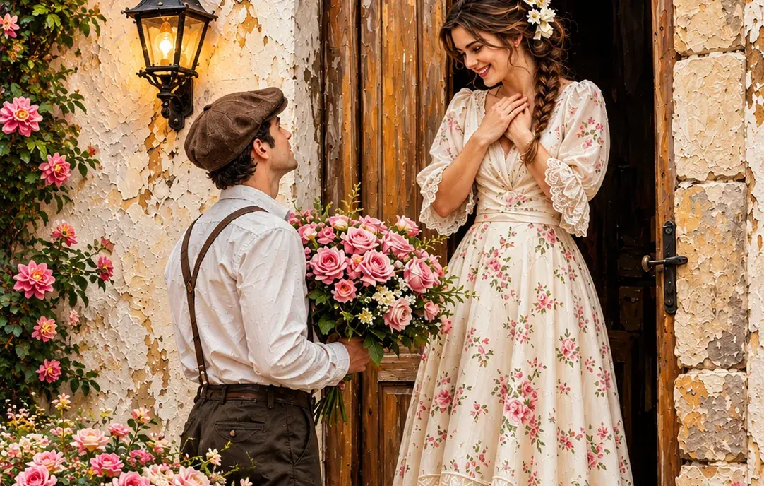 Before and after: a bride at a flower-framed door and a man with a flower cart, black and white on one side and in color on the other