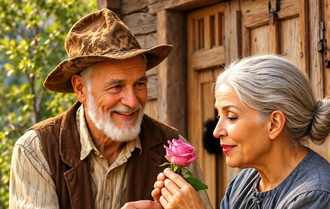 Before and after: an elderly man giving a rose to his wife, black and white on one side and in color on the other