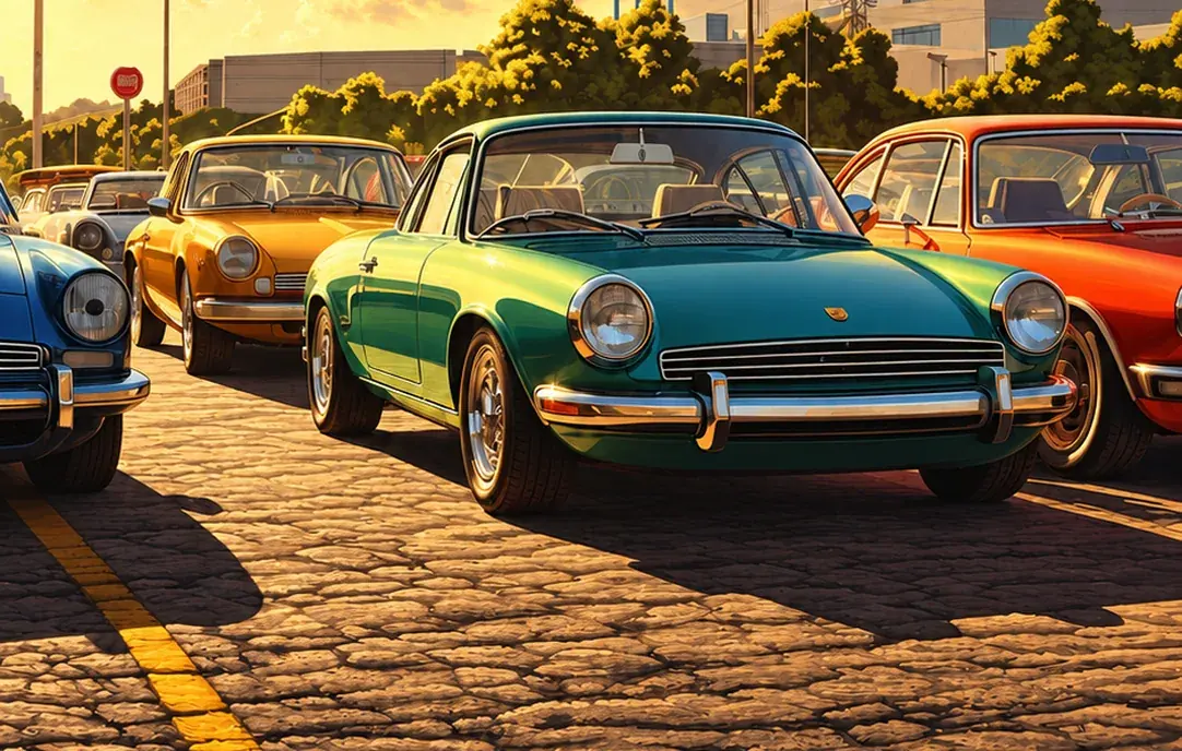 Before and after: classic cars on a cobbled street at sunset, faded on one side and in full color on the other