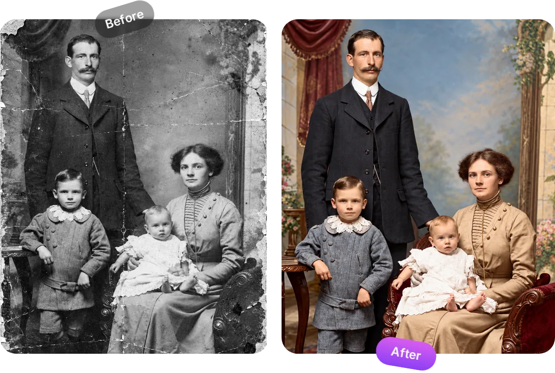 Before and after: an old black and white family portrait next to the colorized version