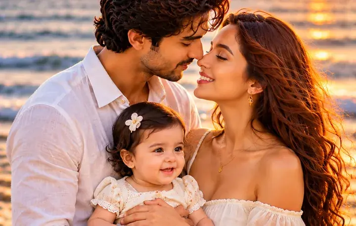 A young family on a beach, black and white on one side and in color on the other