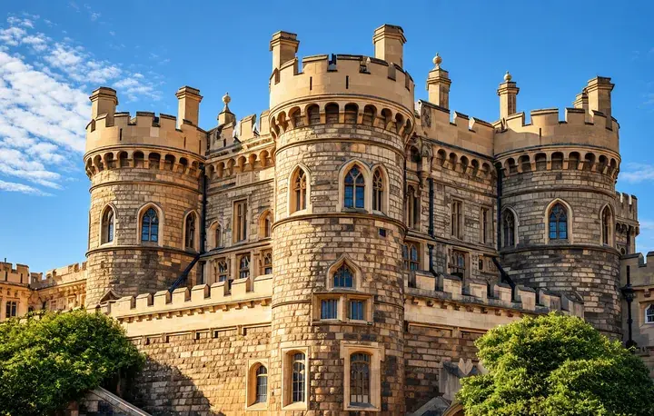 A stone castle, black and white on one side and in color on the other