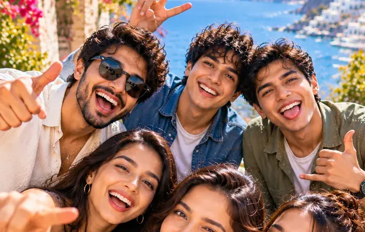 A group of friends taking a selfie, black and white on one side and in color on the other