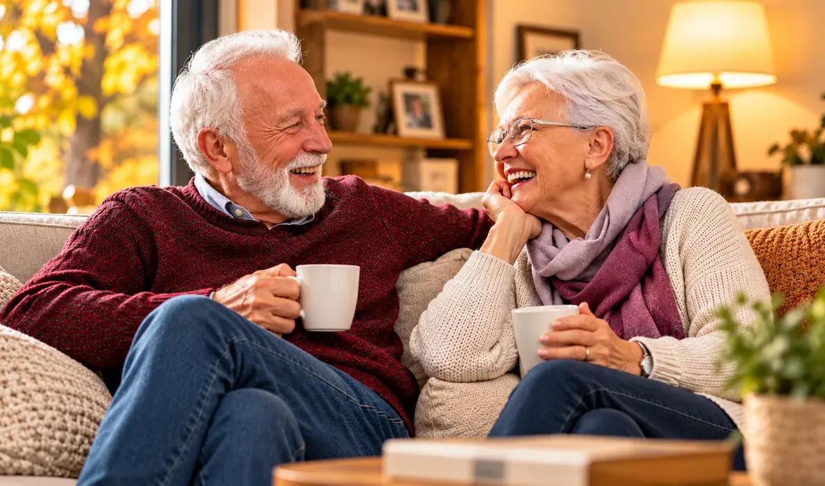 An elderly couple with coffee at home, black and white on one side and in color on the other