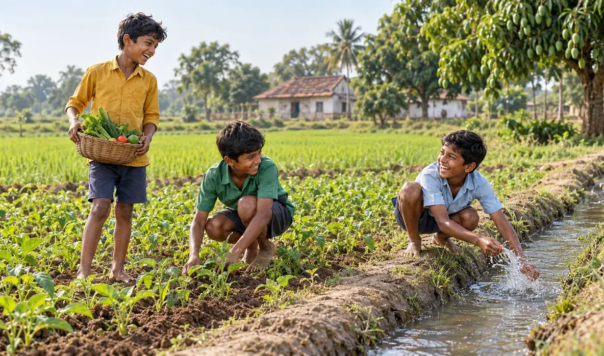Children working in a green field, black and white on one side and in color on the other