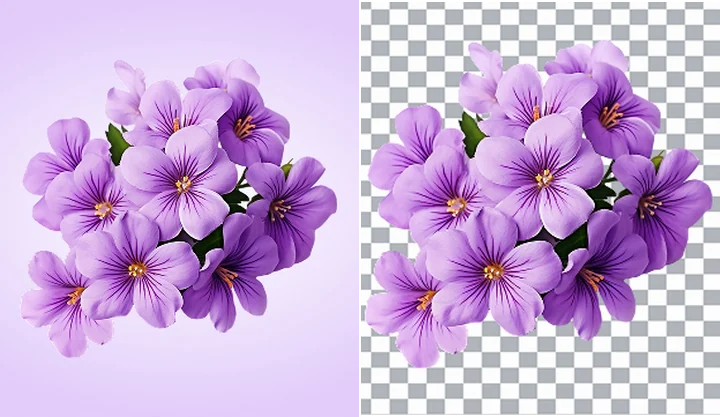 Purple flowers before and after removing the background