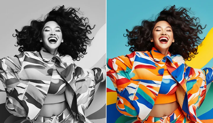 A black and white photo of a laughing woman next to the colorized version