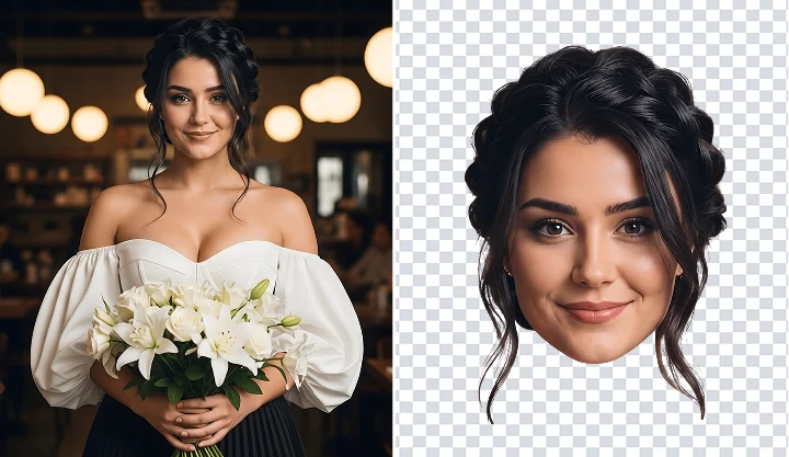 A bride holding lilies next to her face cut out on a transparent background
