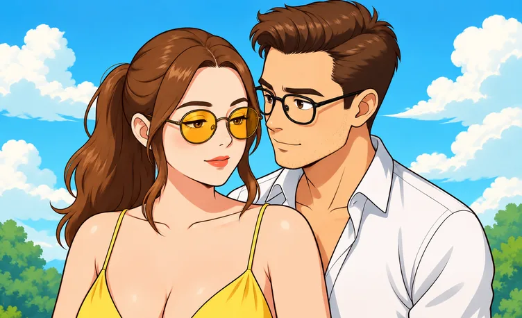 A cartoon couple, pixelated on the left and crisp on the right