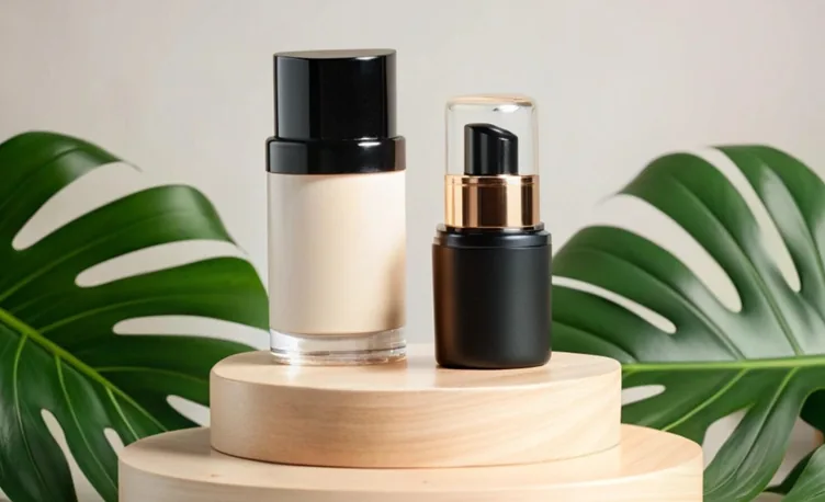 Skin care bottles on a stand, soft on the left and sharp on the right
