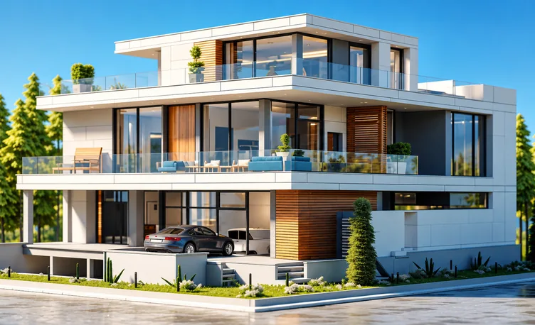 A modern house, pixelated on the left and sharp on the right