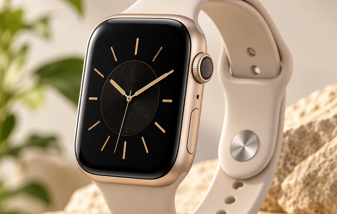 Before and after: a smartwatch on a stone, pixelated on one side and sharp on the other