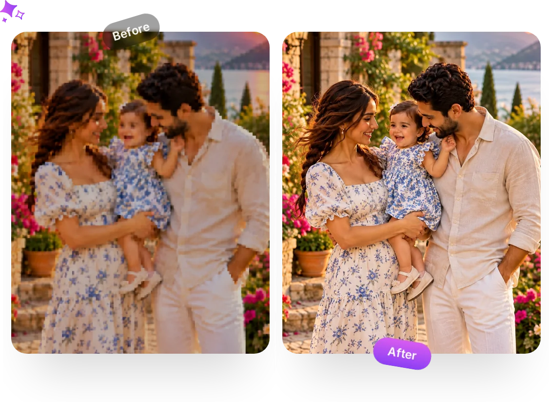 Before and after: a family photo, soft and low-resolution on the left and crisp on the right