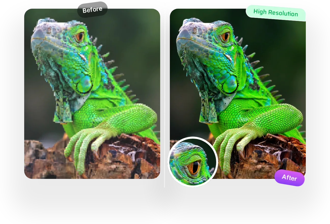 Before and after: a green iguana, pixelated on the left and sharp in high resolution on the right, with a zoomed detail of its eye