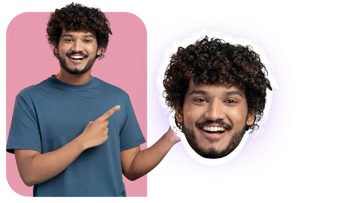 Smiling man beside the clean head cutout the AI produced from his photo