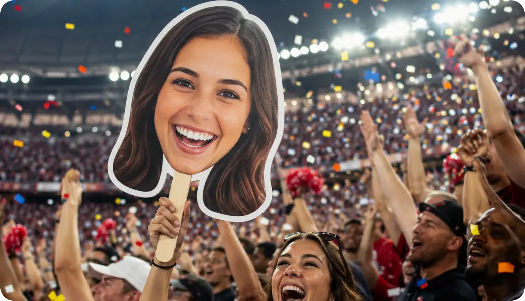 Large face cutout sign held up by a cheering crowd at a game
