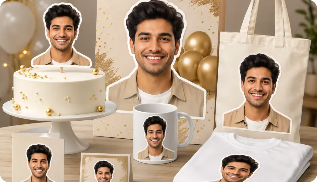 Cake toppers, party boards and gifts decorated with face cutouts