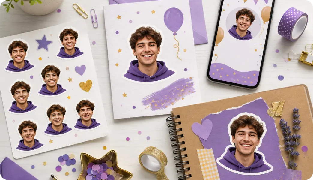 Stickers, birthday cards and invitations made from one face cutout