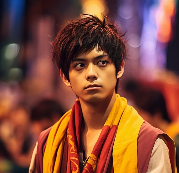 Illustrated boy wearing a saffron scarf in a softly lit street