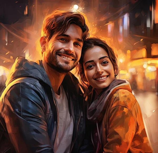 Illustrated couple together in warm evening light