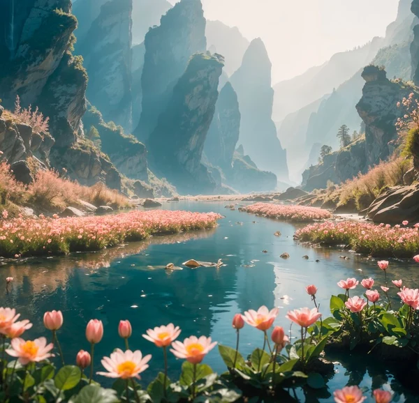 A river winding between flower-lined banks and towering mountains
