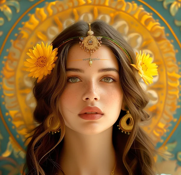Golden portrait with sunflowers and ornate jewelry