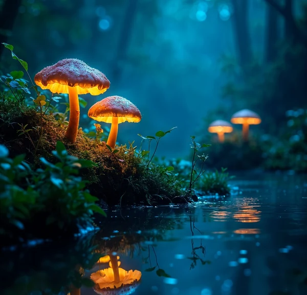 Glowing mushrooms reflected in a magical forest stream