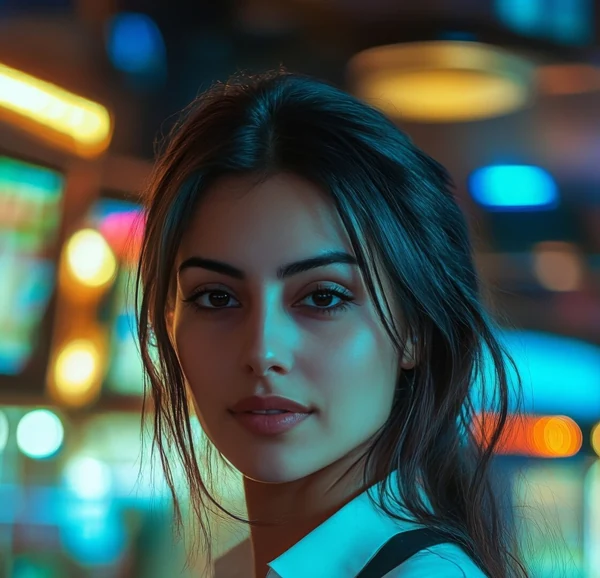 Portrait illuminated by bright neon city lights