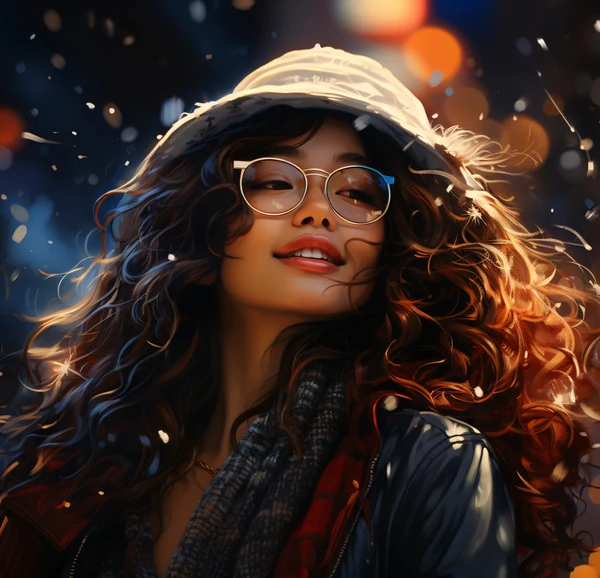 Cinematic portrait of a woman with glasses under colorful night lights