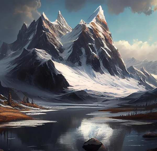 Snowy mountain peaks reflected in a still alpine lake