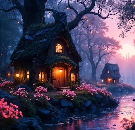 Fairytale cottage beside a stream under pink flowering trees