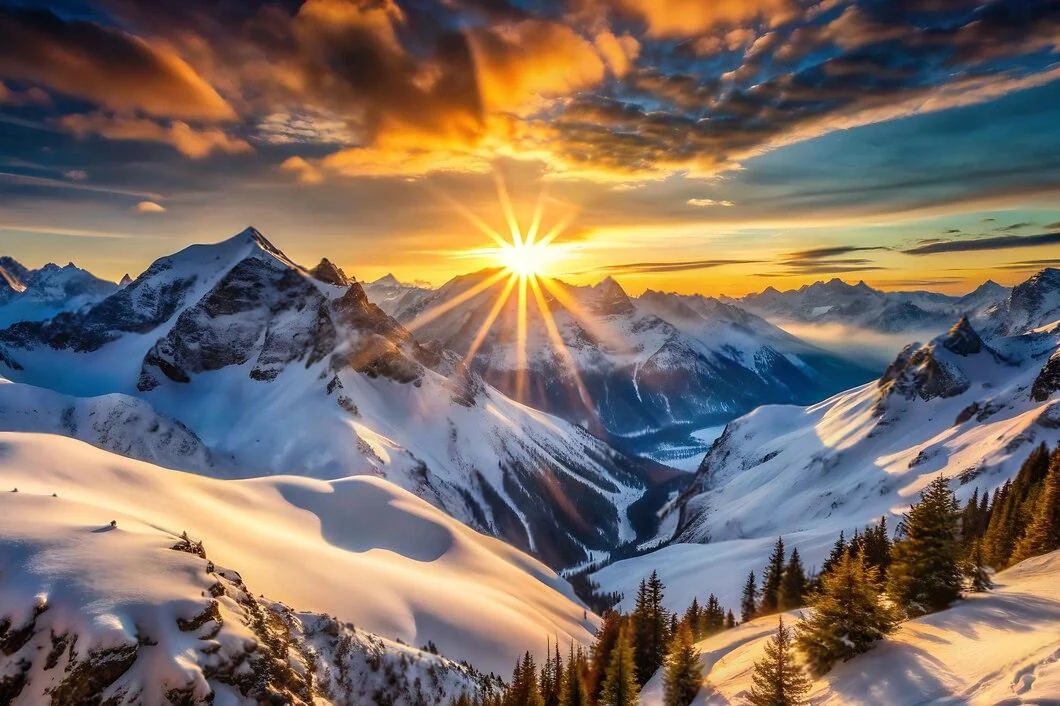 Sunrise over snowcapped mountains generated from a text prompt