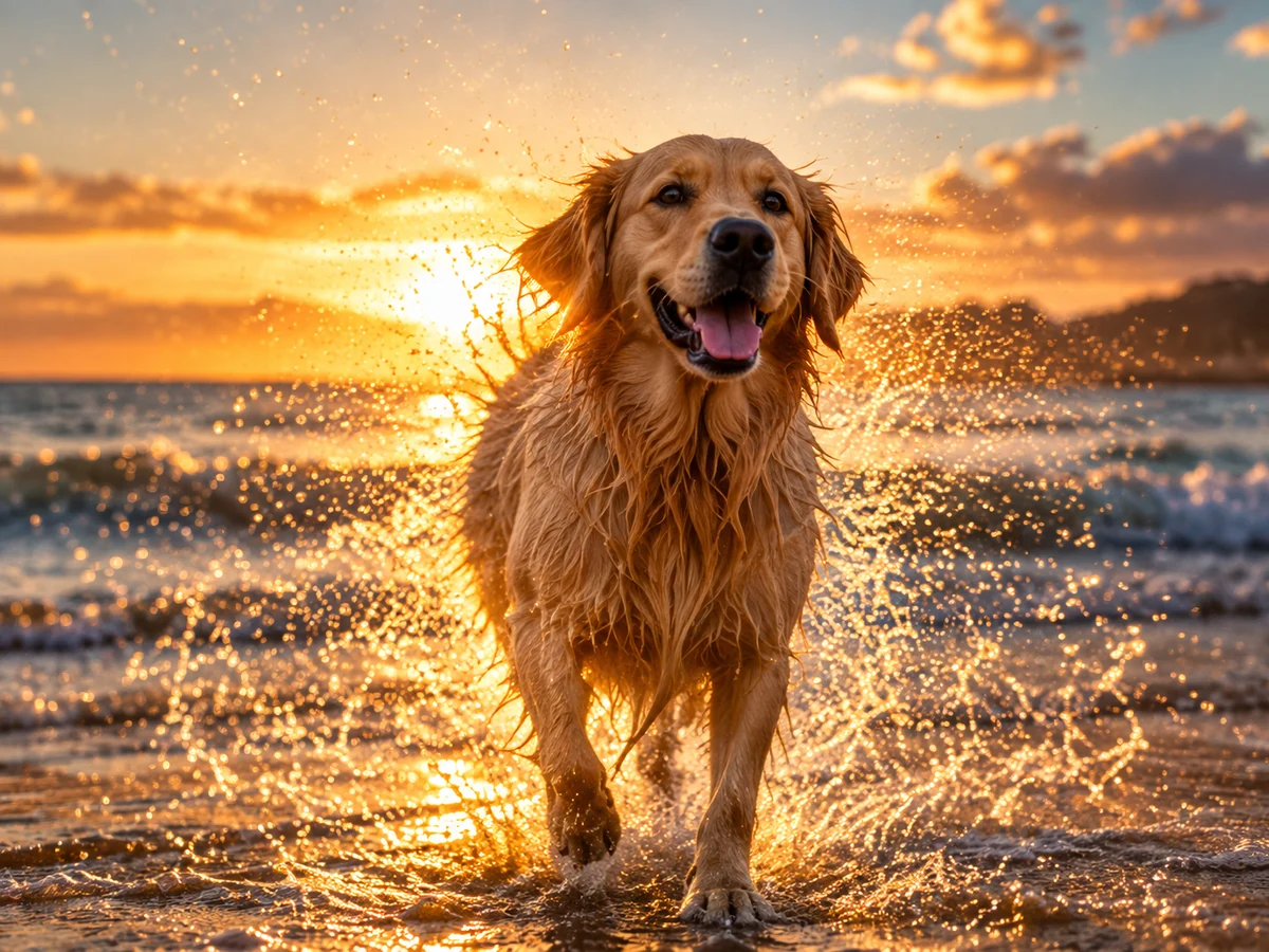A golden retriever splashing in the sea at sunset, illustrating a detailed photo prompt.