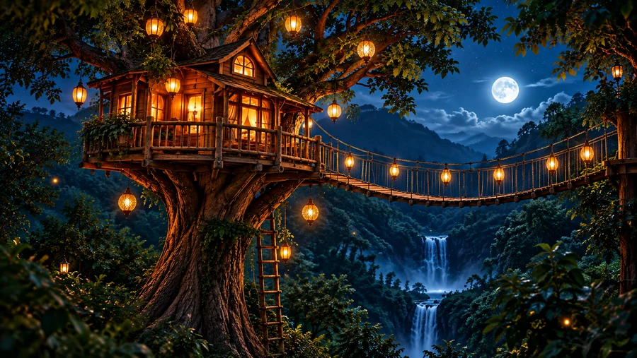 A glowing treehouse in a moonlit forest, illustrating a detailed image prompt.