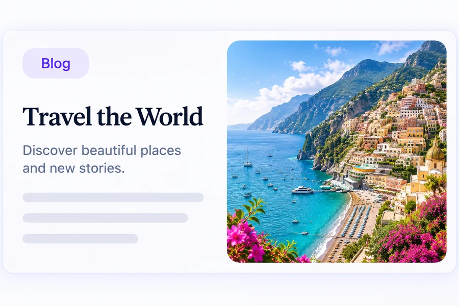 Travel blog layout with a generated coastal landscape