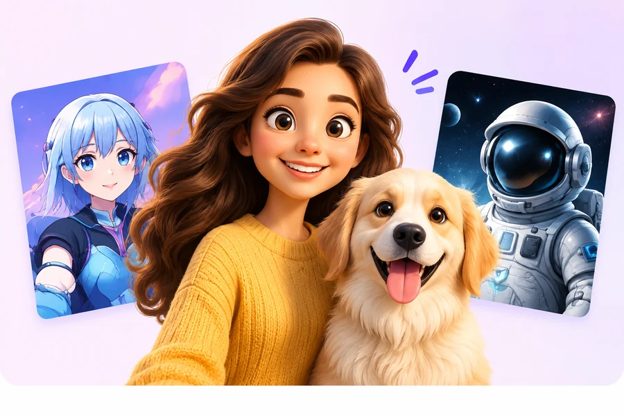 Illustrated characters, an astronaut and a golden retriever