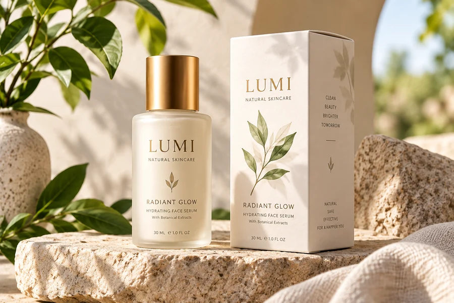 Lumi skincare packaging and product concept in natural light