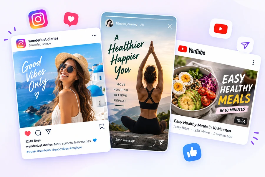 AI images arranged as social posts and video thumbnails
