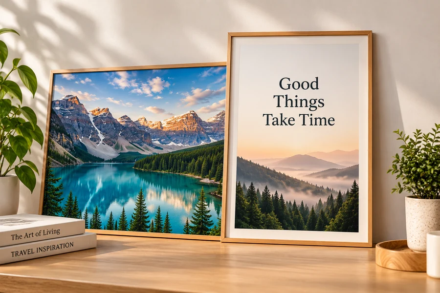 Generated mountain landscape displayed as a wallpaper and print