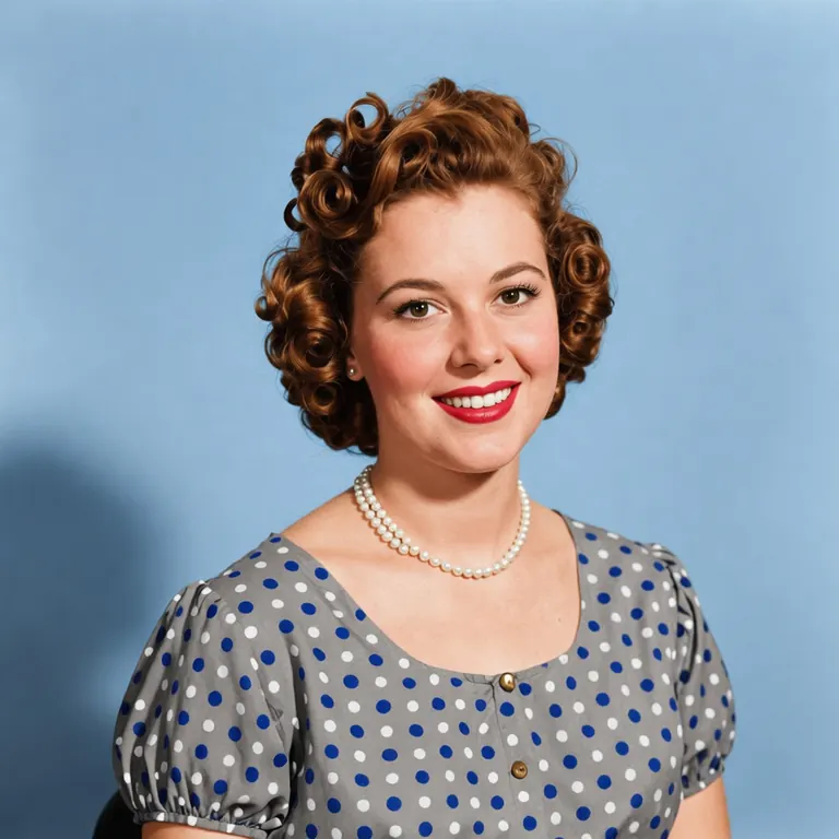 The same 1952 portrait colorized by Magical Studio AI, with auburn hair, red lips and a blue backdrop