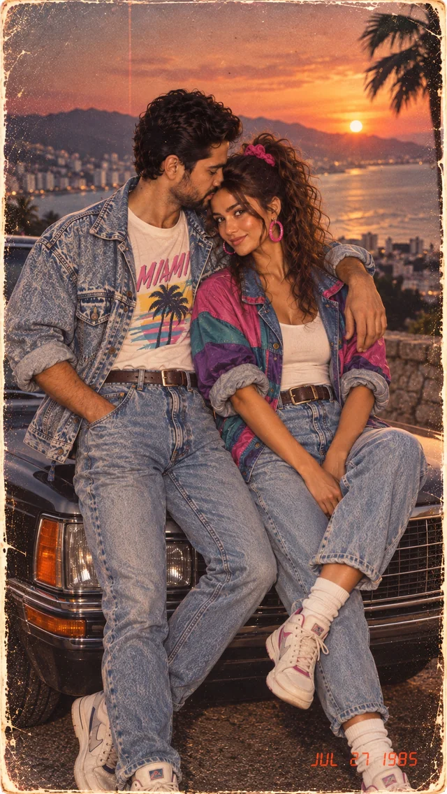 Couple beside a vintage car at sunset