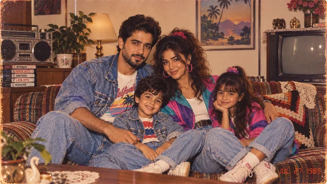 Family dressed in 1980s fashion