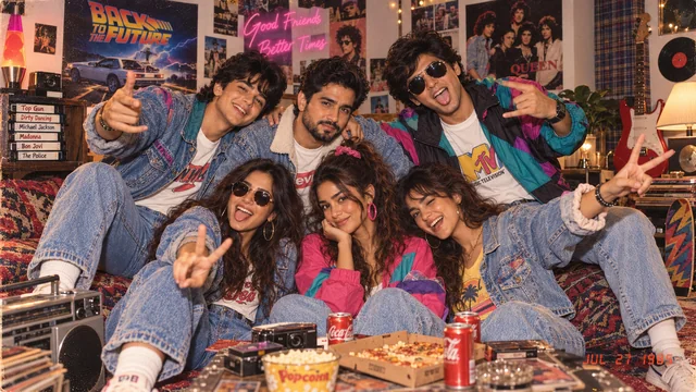 Friends posing together in colorful 1980s outfits