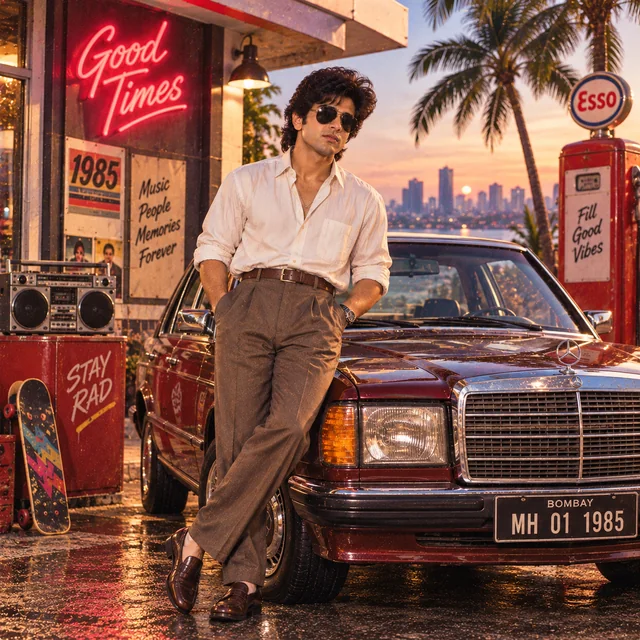 Man styled for a 1980s retro portrait