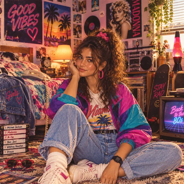 Woman posing in a colorful 1980s scene