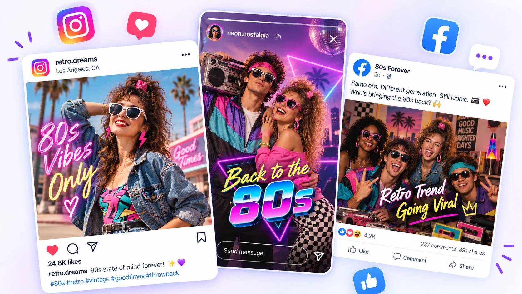 Instagram and Facebook posts made with the 80s retro photo trend