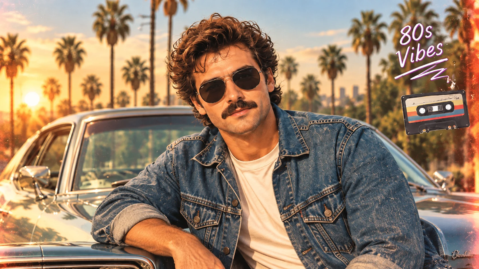 Retro 80s profile photo of a man with a moustache by a vintage car
