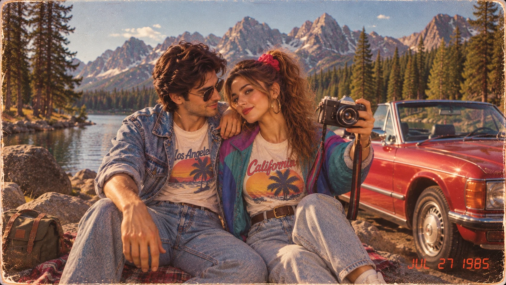 Couple in 80s fashion by a lake with a red vintage car