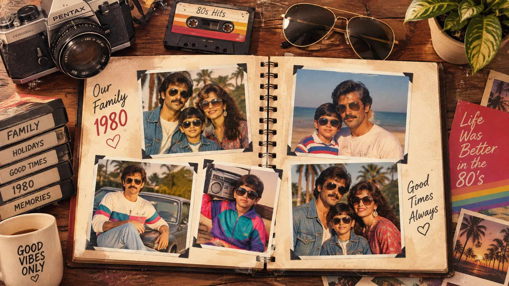 Family album page with 1980s style photos, cassettes and sunglasses